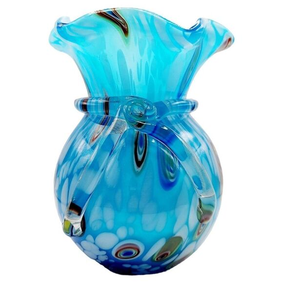Millefiori Other - Vintage Murano Art Glass Sky Blue Millefiori Hand Blown Glass With Applied Bow